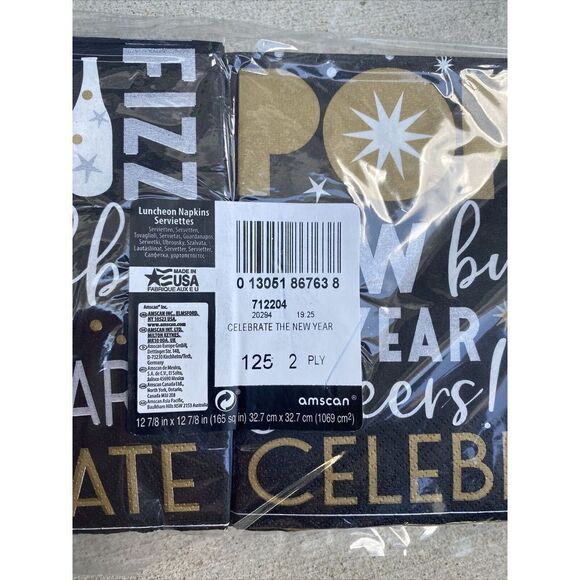 Black, Gold & Silver NYE Beverage Napkins 125ct. NEW 6.5”x6.5” Square - Picture 3 of 5